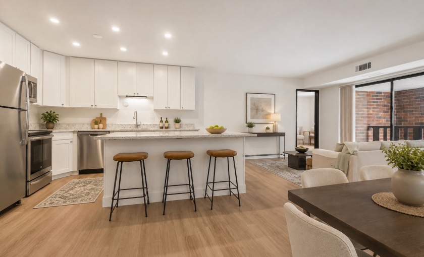 a kitchen and a living room with an island and chairs
